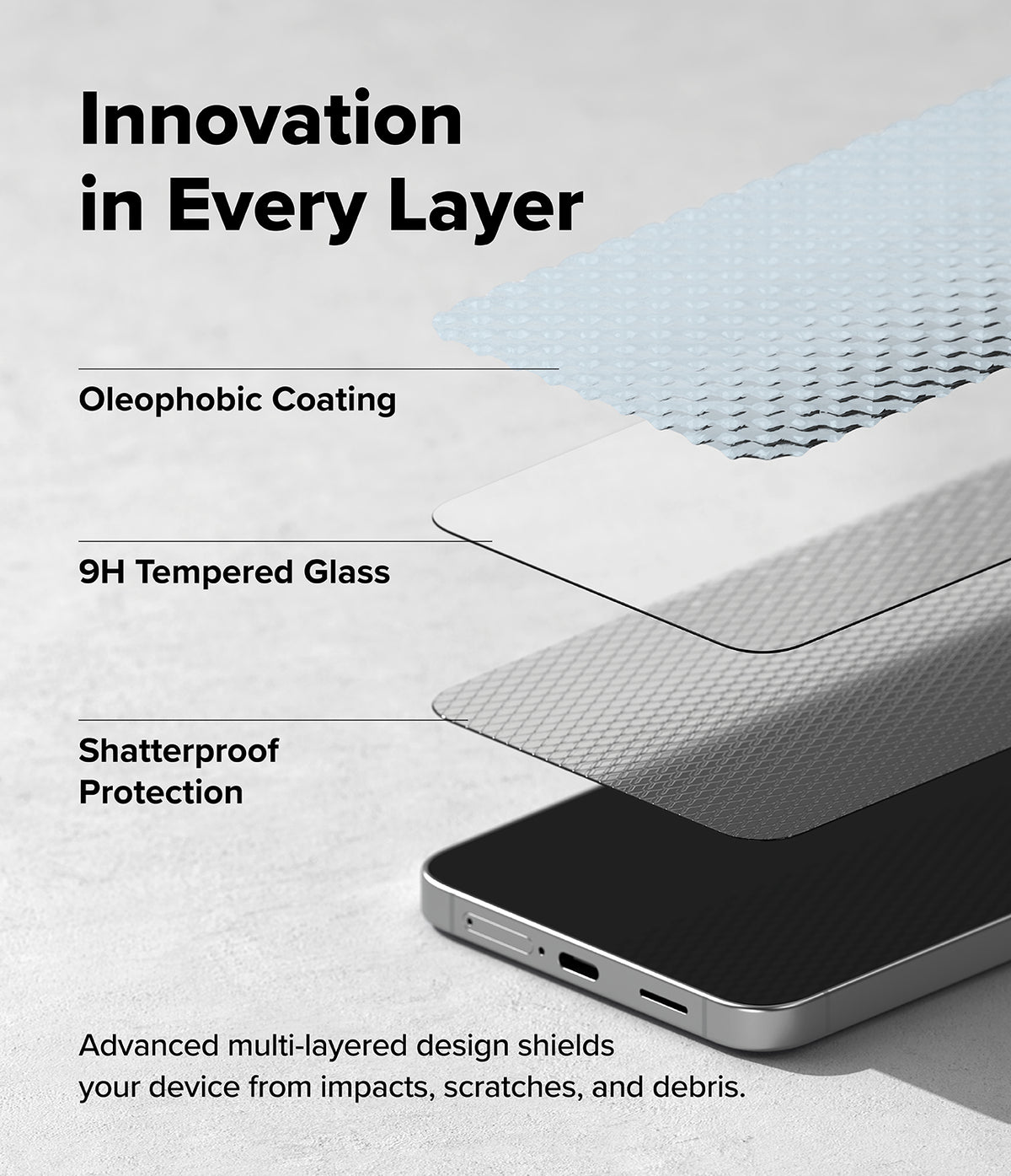 Galaxy S26 FE Screen Protector | Easy Slide Tempered Glass (2P) - A promotional graphic showing a smartphone layered with protective materials. Large text reads 'Innovation in Every Layer' with callouts for 'Oleophobic Coating,' '9H Tempered Glass,' and 'Shatterproof Protection.