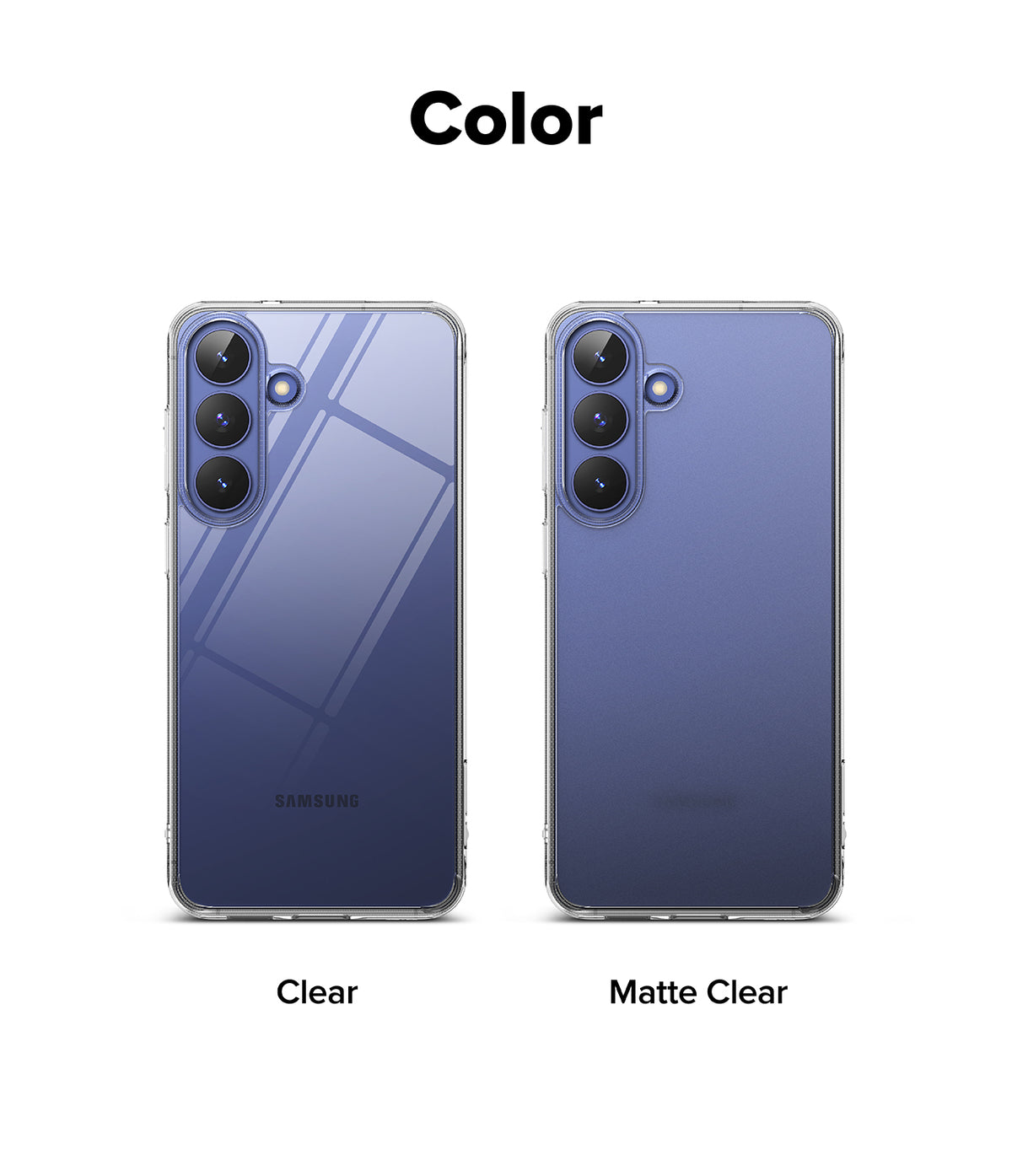 Galaxy S26 FE Case | Fusion - A color comparison graphic showing two views of a Samsung smartphone case on a white background, labeled 'Color' at the top. The left case is labeled 'Clear' and appears transparent with a blue-purple phone underneath visible through it.