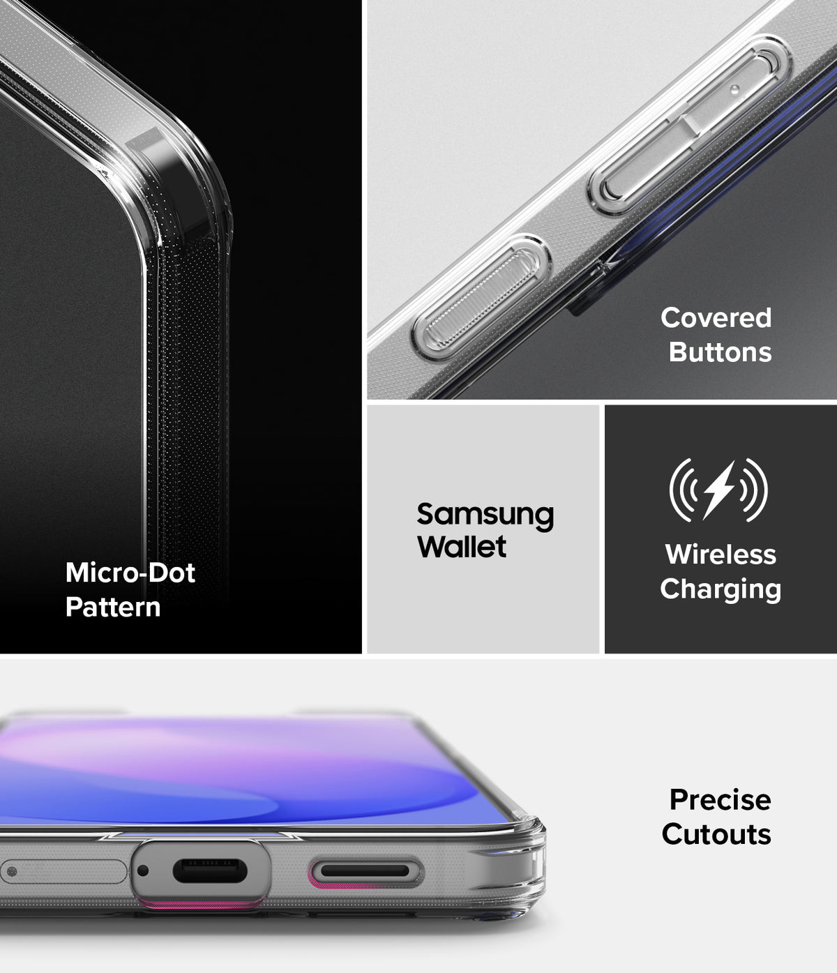 Bundle 15% Galaxy S26 FE Case + Screen / Camera Protectors | Fusion
Matte all-groups - A collage showing a transparent phone case with feature callouts: a black phone corner with Micro-Dot Pattern, a close-up of covered buttons, wireless charging icon, and a phone bottom with precise cutouts.