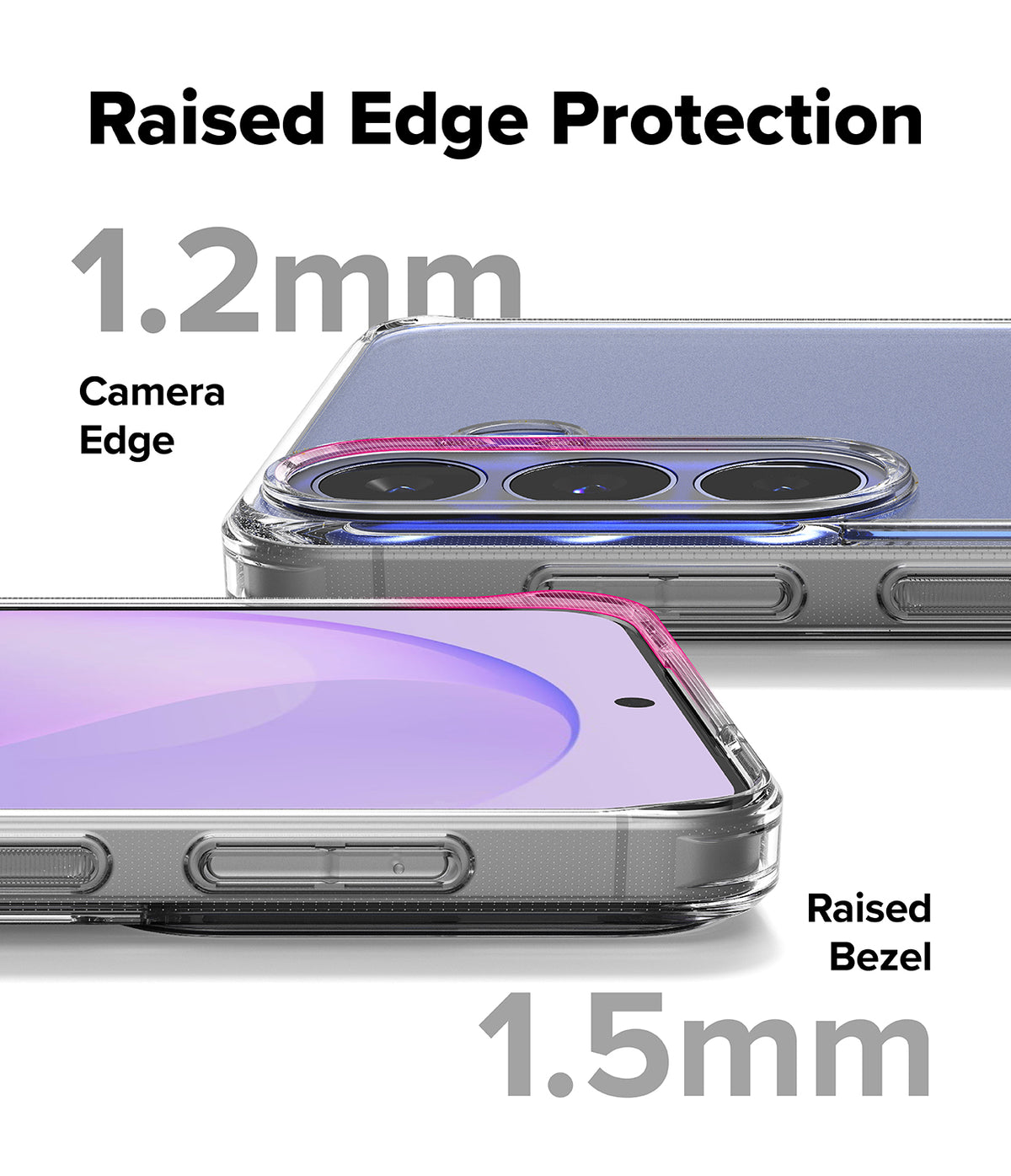 Bundle 15% Galaxy S26 FE Case + Screen / Camera Protectors | Fusion
Matte all-groups - Promotional graphic for a transparent phone case showing two views of a smartphone with raised edges. Large text reads 'Raised Edge Protection', '1.