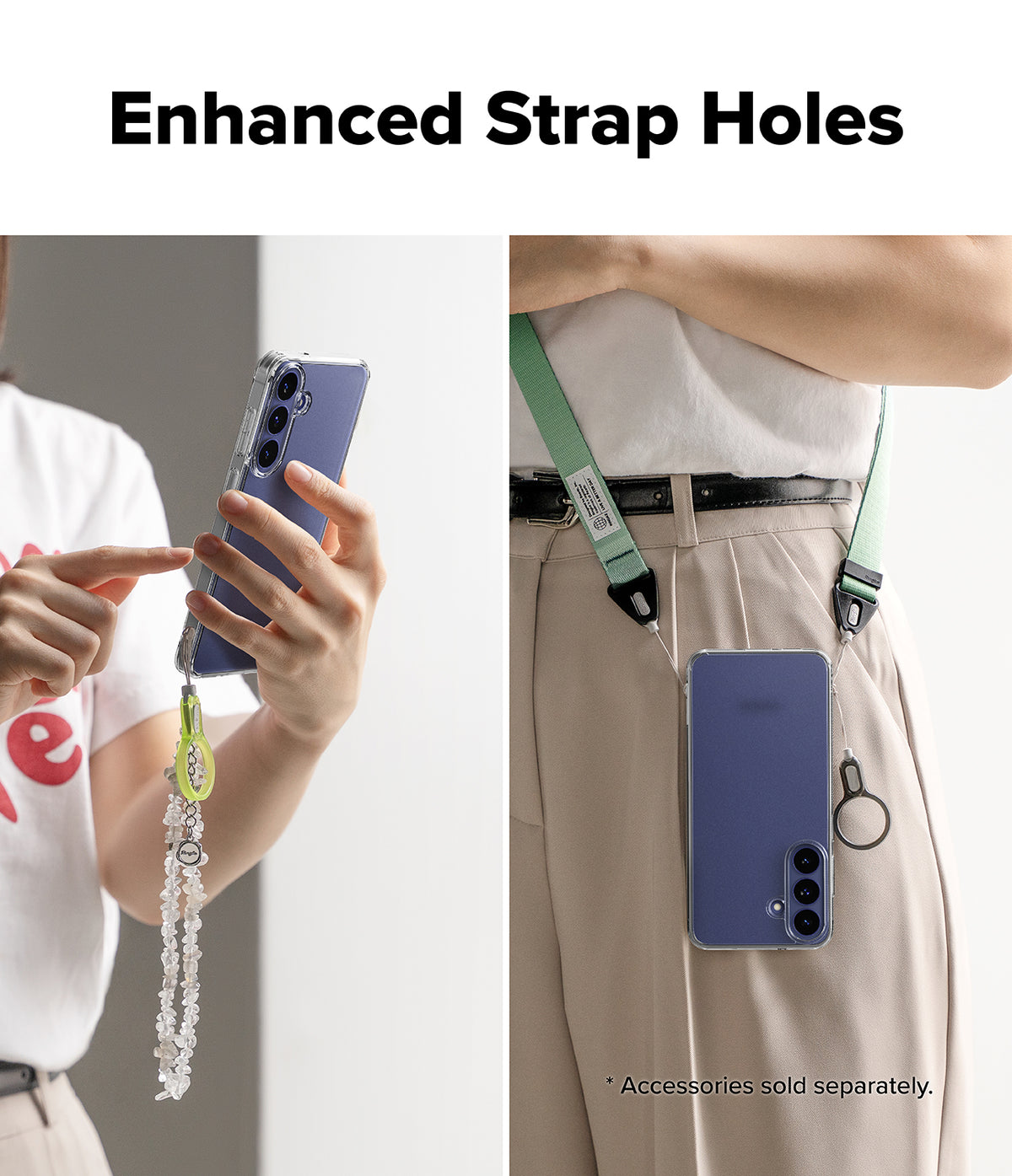Bundle 15% Galaxy S26 FE Case + Screen / Camera Protectors | Fusion
Matte all-groups - A promotional product image showing a phone strap accessory with enhanced strap holes. The left panel shows a person holding a blue smartphone with a clear strap and dangling charm.