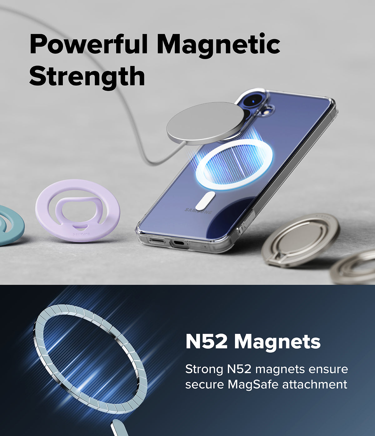 Bundle 15% Galaxy S26 FE Case + Screen / Camera Protectors | Fusion Magnetic all-groups - A clear smartphone case with built-in magnetic ring stands and a blue magnetic charging pad, shown on a phone. The image includes marketing text reading 'Powerful Magnetic Strength' and 'N52 Magnets' with a dark blue lower section showing magnetic ring details.