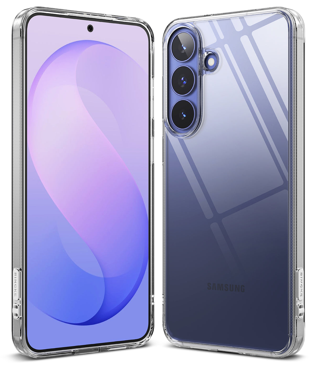Galaxy S26 FE Case | Fusion - A clear protective phone case shown on a Samsung smartphone, with front and back views displayed side by side against a clean white background.
