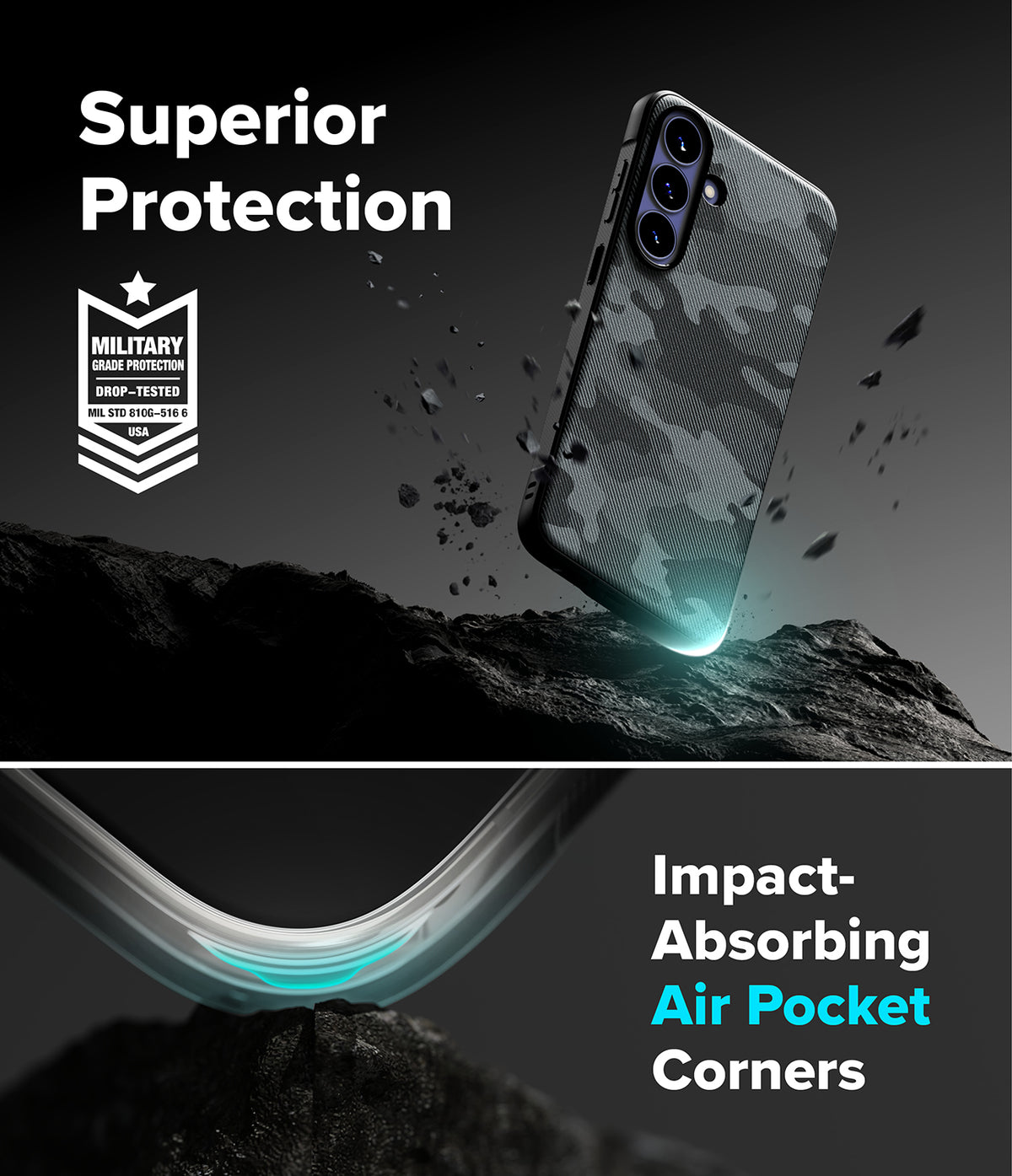 Galaxy S26 FE Case | Onyx - A smartphone case with a dark gray and black camouflage pattern is shown floating above dark rocks in a dramatic promotional graphic. Text reads 'Superior Protection' with a military drop-tested badge, and the lower section highlights 'Impact-Absorbing Air Pocket Corners' with a curved transparent edge glowing cyan.