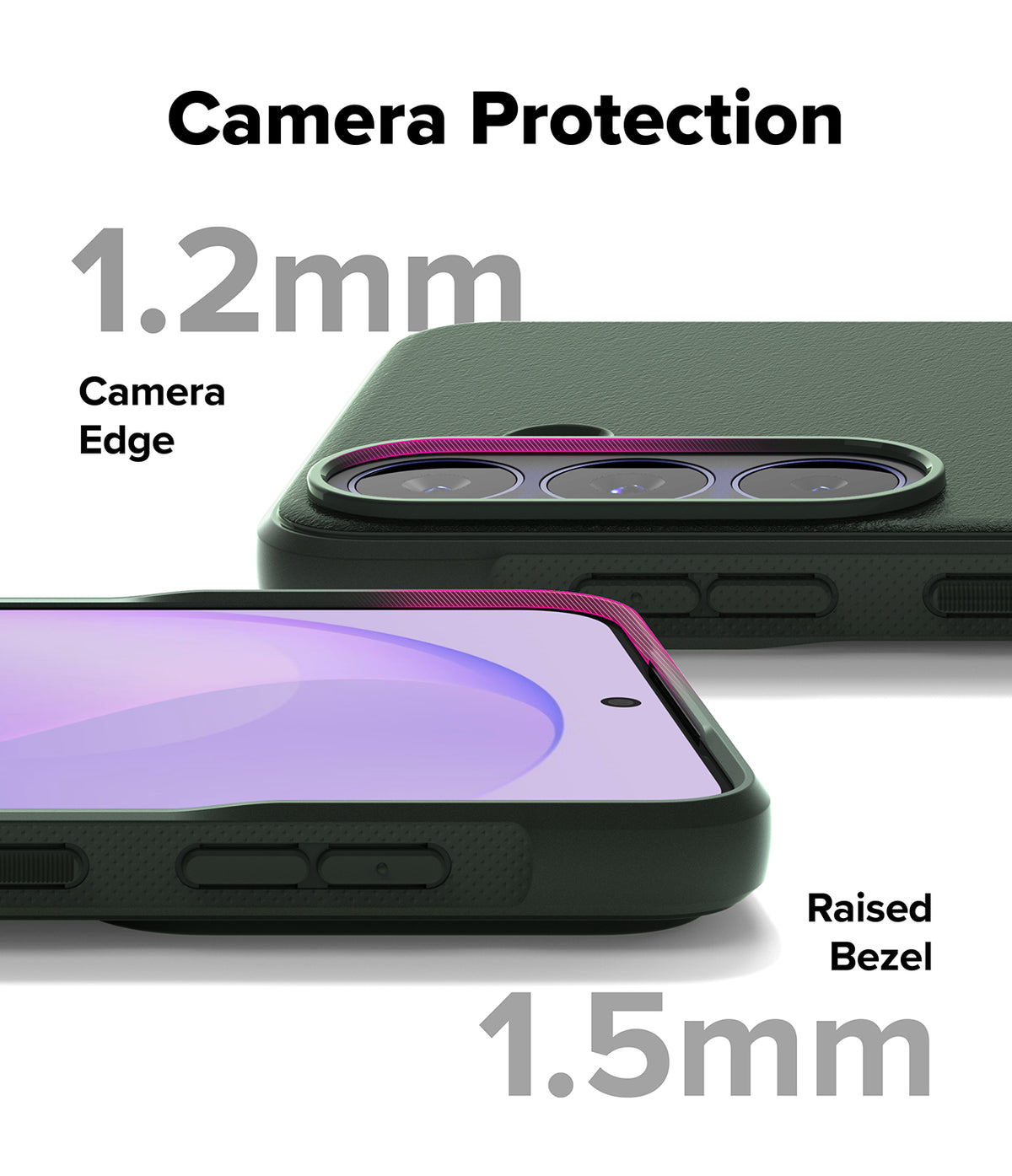 Bundle 15% Galaxy S26 FE Case + Screen / Camera Protectors | Onyx all-groups - A phone camera protection case shown on a smartphone, with text labels indicating 1.2mm camera edge and 1.
