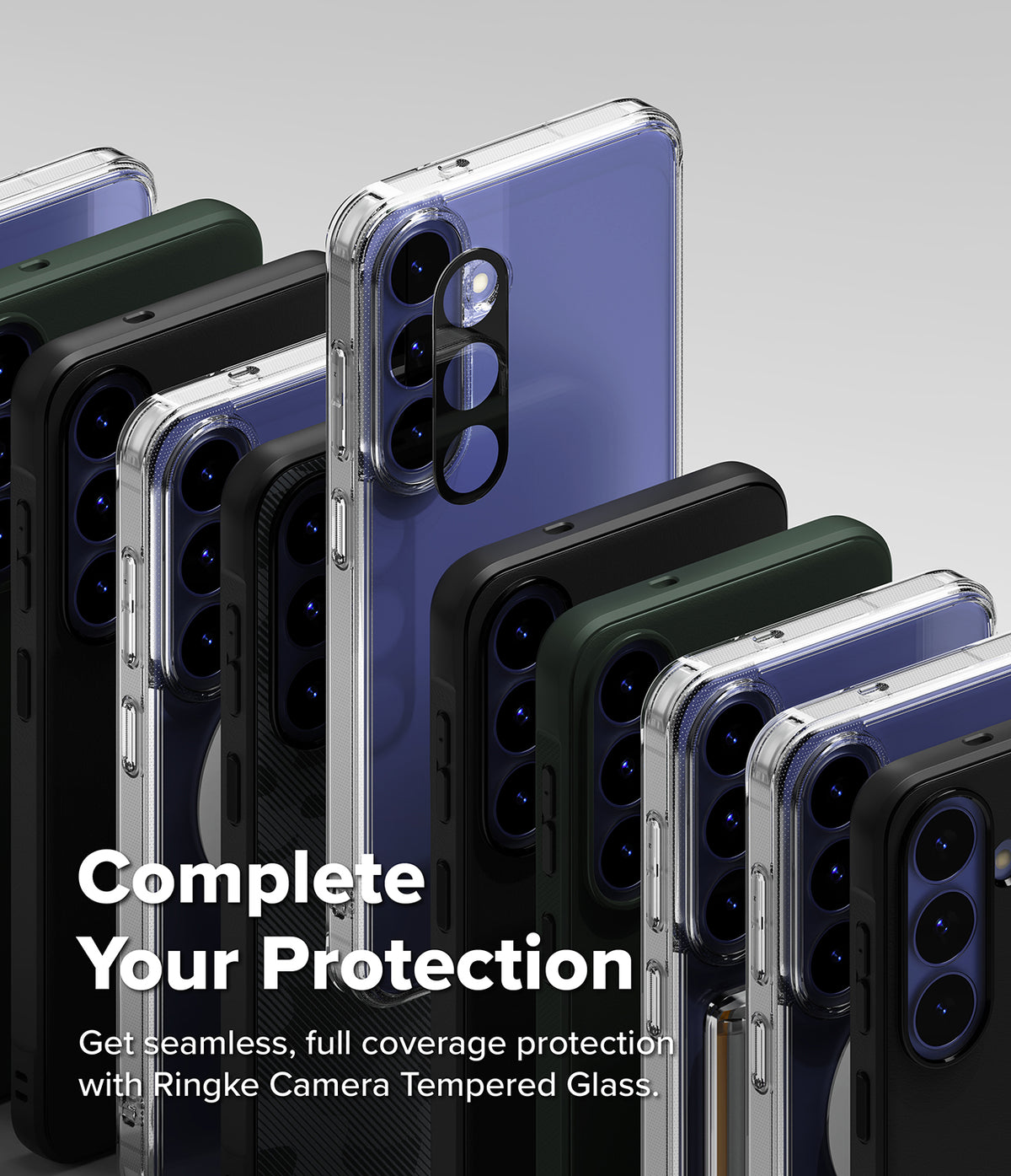 Galaxy S26 FE Case | Onyx - A promotional product image showing multiple smartphone cases in different colors and finishes, including clear, black, dark green, and blue, arranged in a fan-like composition. The text overlay reads 'Complete Your Protection' and 'Get seamless, full coverage protection with Ringke Camera Tempered Glass.