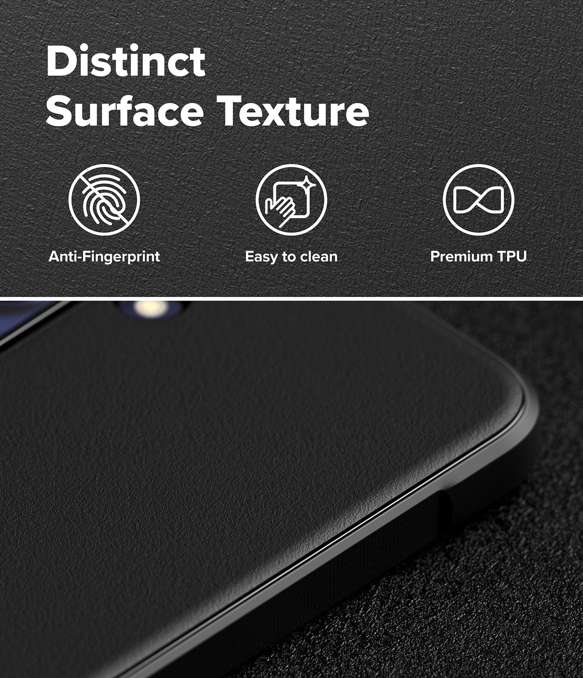 Bundle 15% Galaxy S26 FE Case + Screen / Camera Protectors | Onyx Magnetic all-groups - Close-up of a black textured phone case with a raised lip, shown on a dark textured background with marketing text reading 'Distinct Surface Texture,' 'Anti-Fingerprint,' 'Easy to clean,' and 'Premium TPU.'.