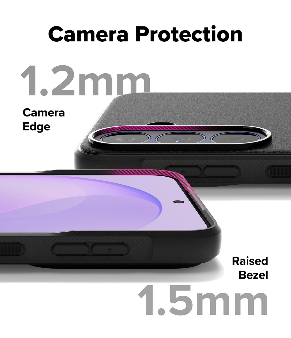 Galaxy S26 FE Case | Onyx Magnetic - Black phone camera protection case shown from the back and side, with text overlays indicating 1.2mm camera edge protection and 1.