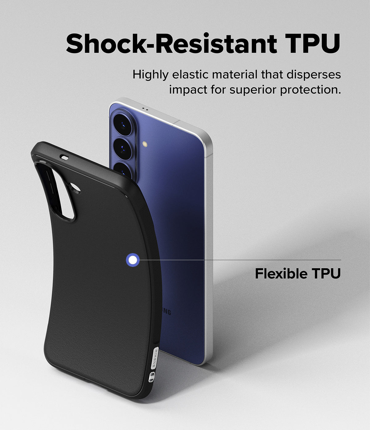 Galaxy S26 FE Case | Onyx Magnetic - A black protective phone case shown from the back beside a blue smartphone on a light gray background, with marketing text reading 'Shock-Resistant TPU' and 'Flexible TPU.'.