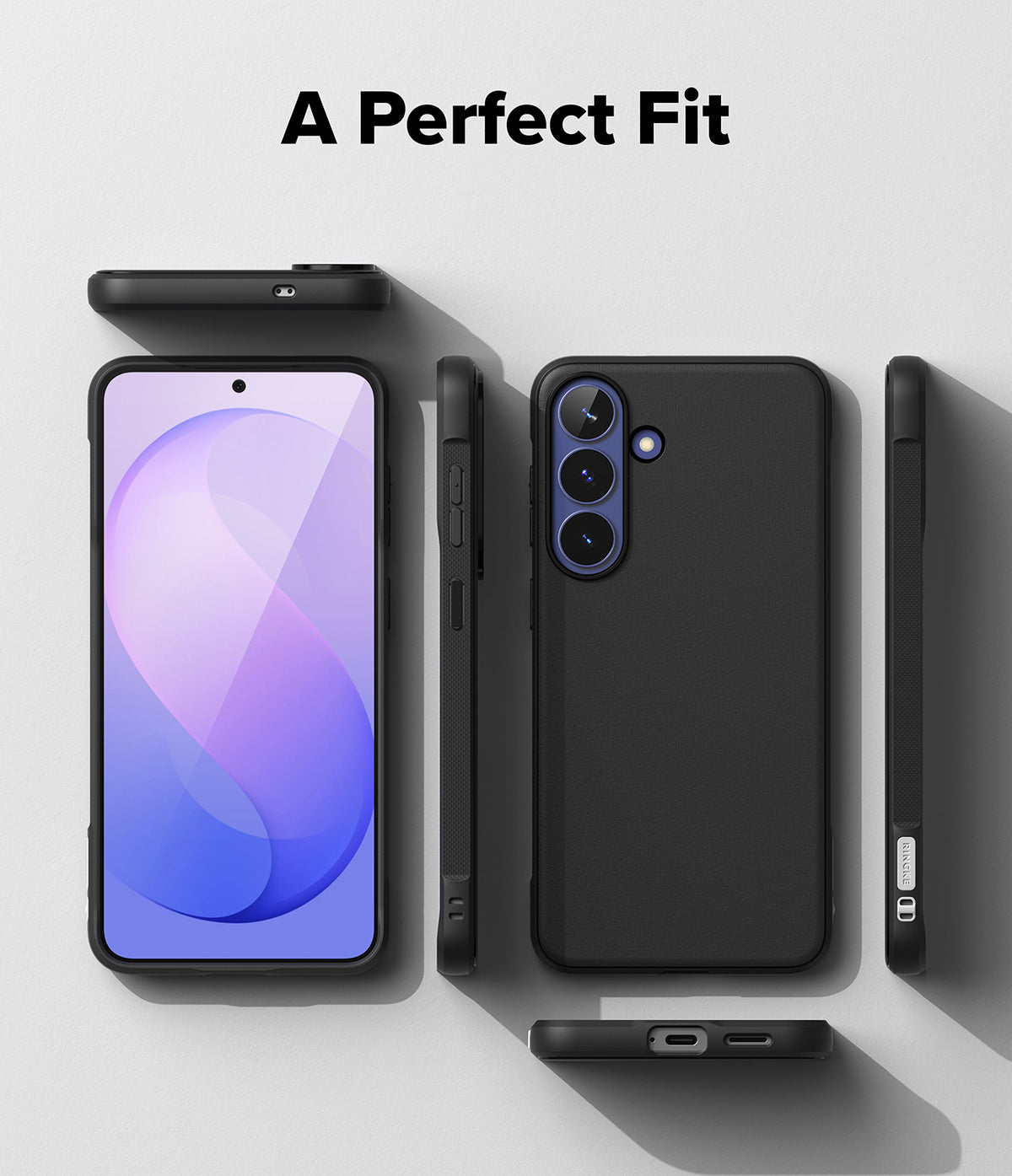 Galaxy S26 FE Case | Onyx Magnetic - A black smartphone case shown from multiple angles on a light gray background, with the text 'A Perfect Fit' at the top. The phone inside the case is used as a demo prop and does not count toward the product color.