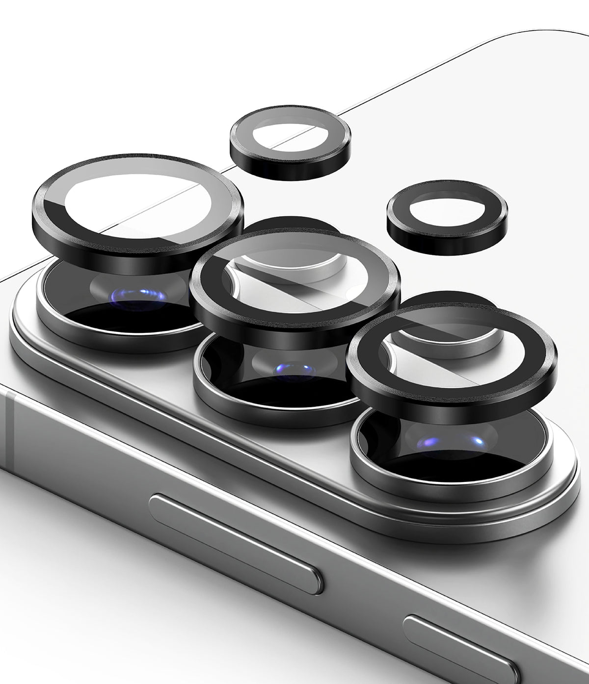 Galaxy S26 Ultra | Camera Lens Frame Glass - Protective black glass covers hovering above the smartphone camera lenses.