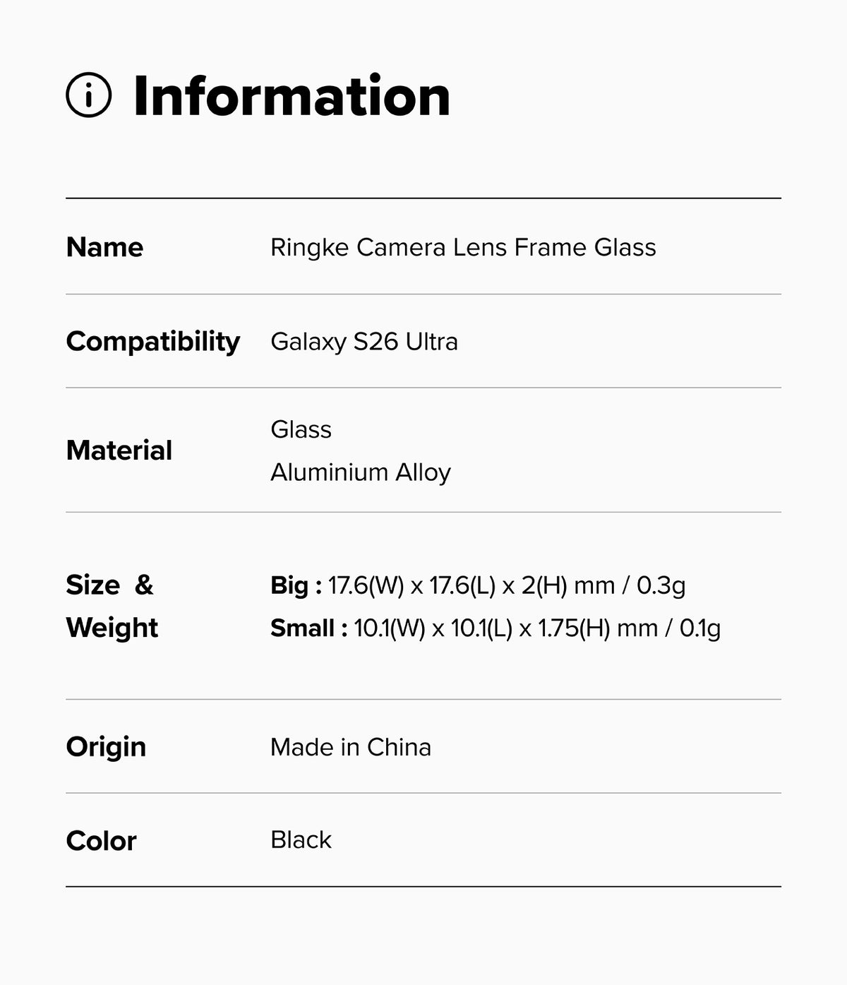 Galaxy S26 Ultra | Camera Lens Frame Glass - Specification table listing product name, compatibility, material, size, weight, origin, and color.