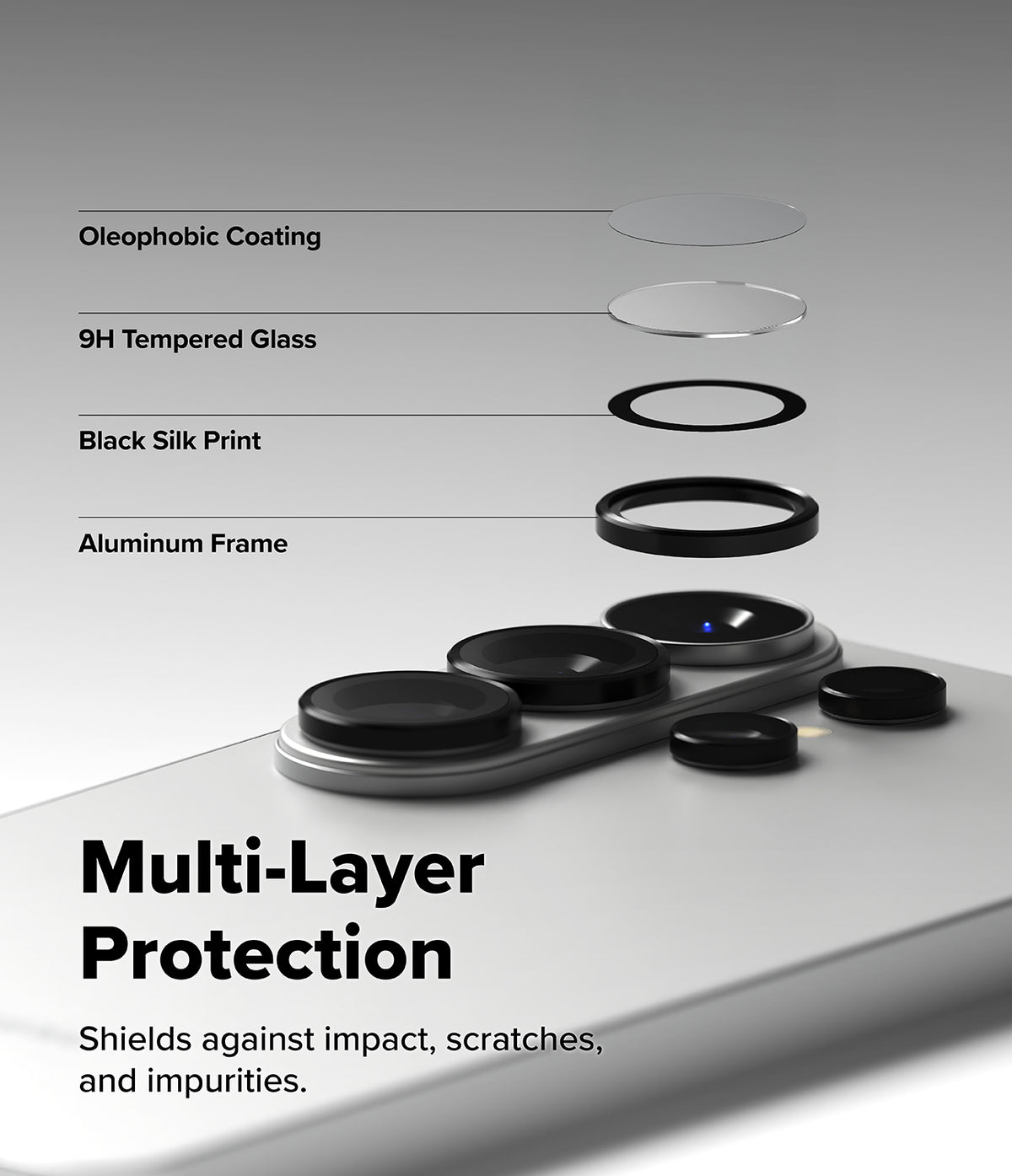 Galaxy S26 Ultra | Camera Lens Frame Glass - Galaxy S26 Ultra | Exploded view of camera lens protector layers including coating, tempered glass, and aluminum frame.