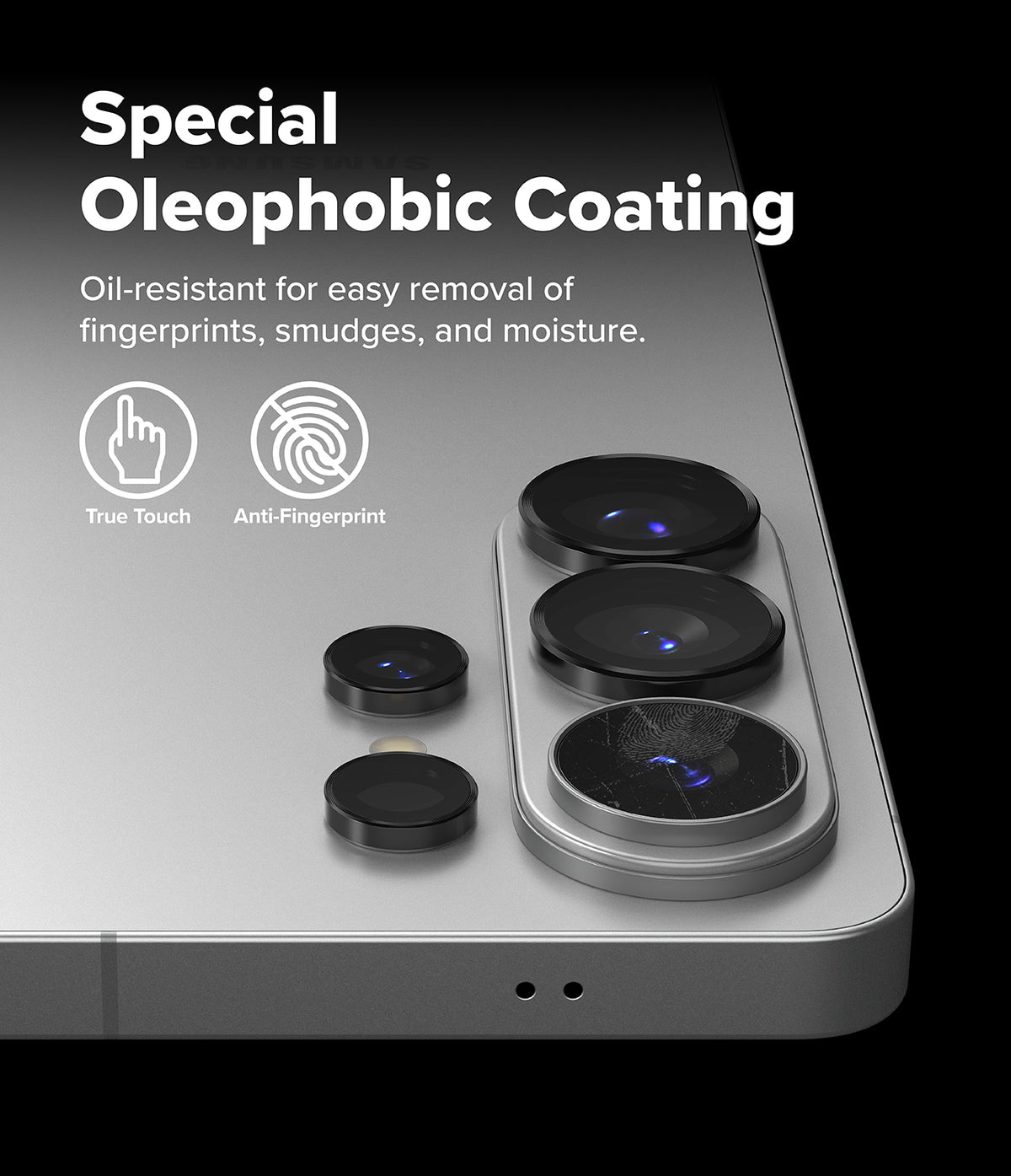 Galaxy S26 Ultra | Camera Lens Frame Glass - Galaxy S26 Ultra | Camera lens protectors on a smartphone back, highlighting oleophobic coating and anti-fingerprint tech.