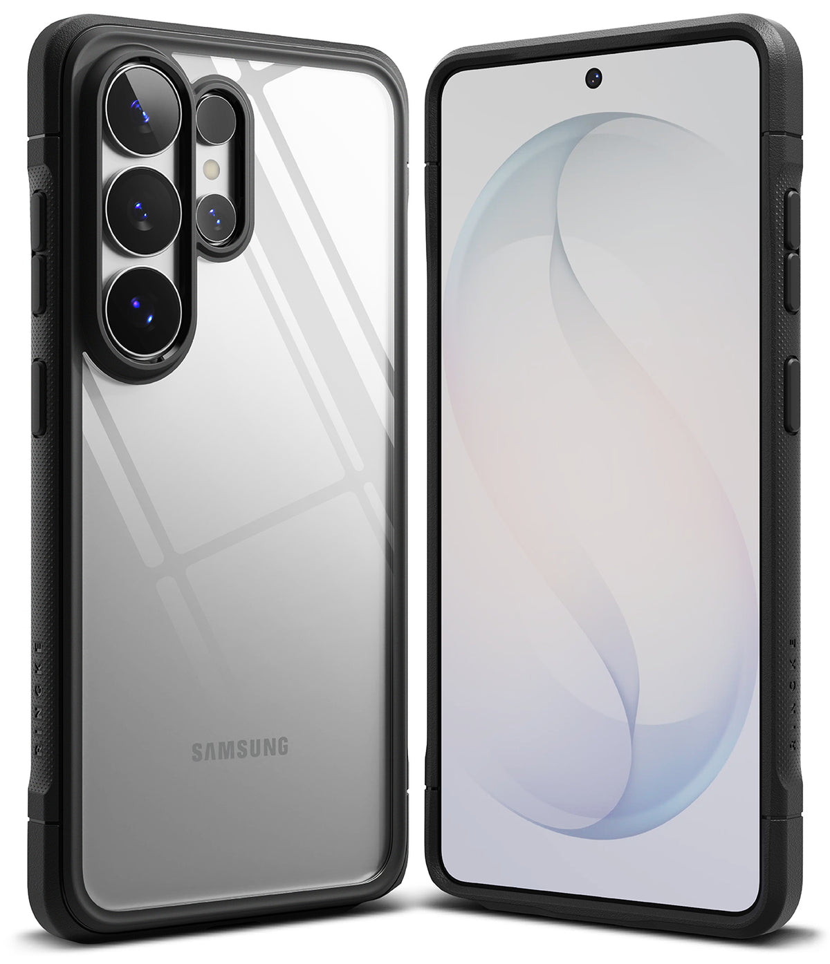 Galaxy S26 Ultra Case | Fusion Bold - Front and back views of a Galaxy S26 Ultra in a clear case with black bumpers.