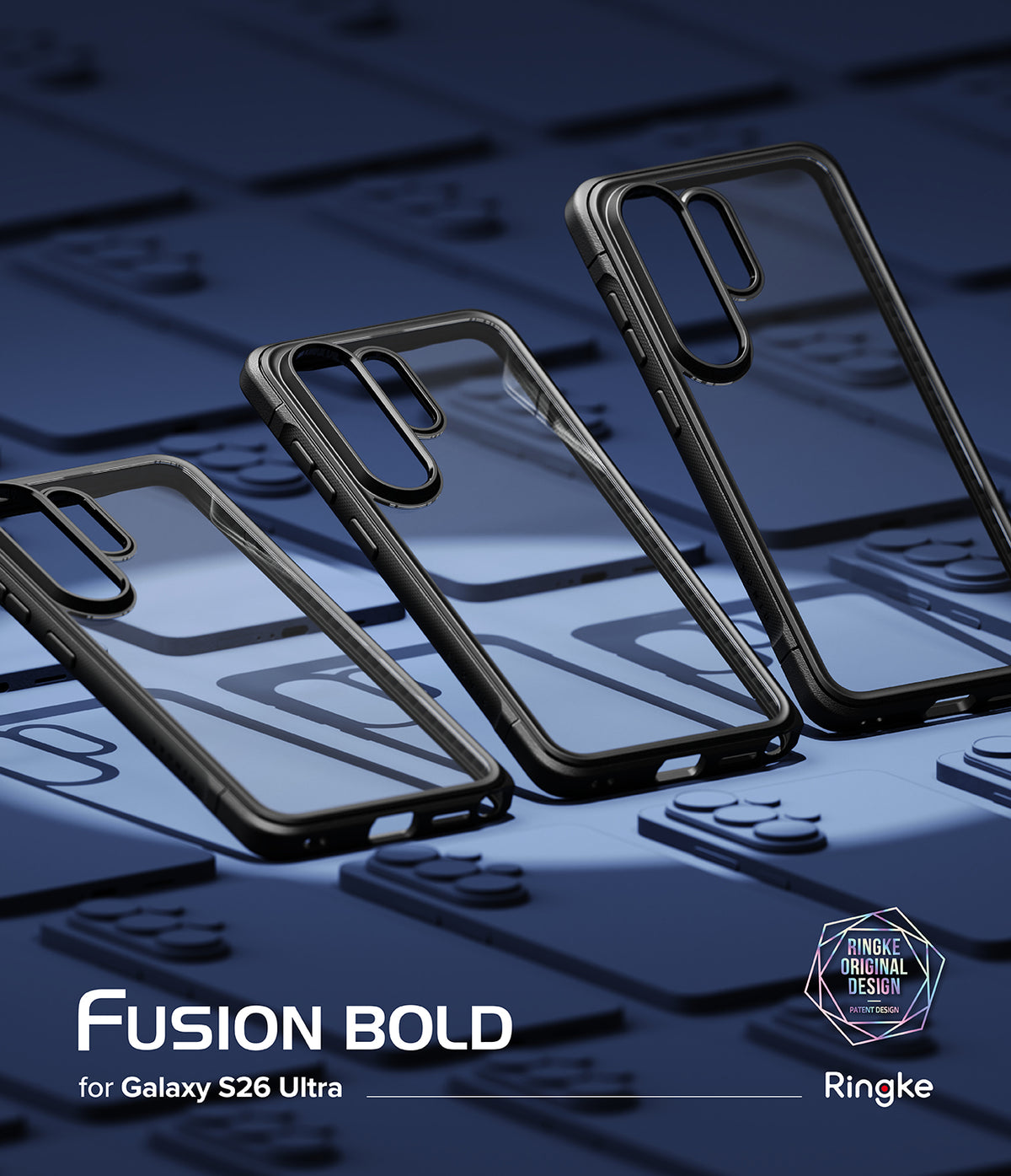 Galaxy S26 Ultra Case | Fusion Bold - Three transparent phone cases with black frames arranged on a blue grid background.