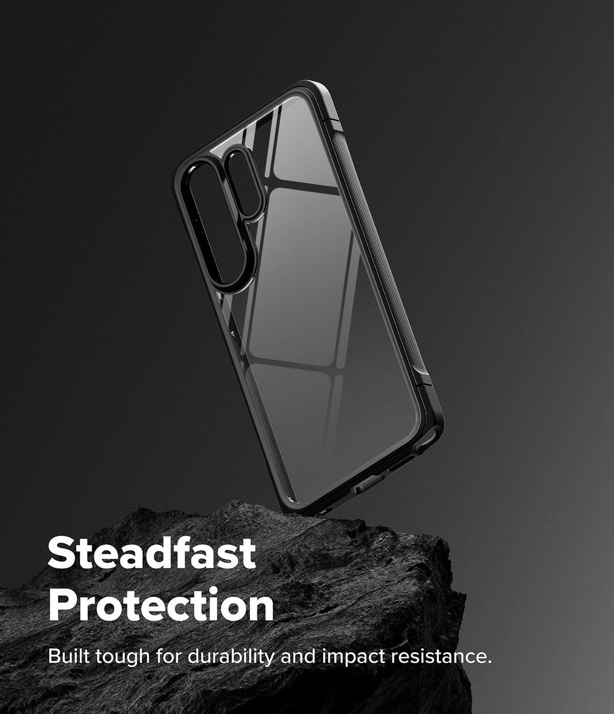 Galaxy S26 Ultra Case | Fusion Bold - Clear protective phone case resting on a jagged black rock against a dark background.