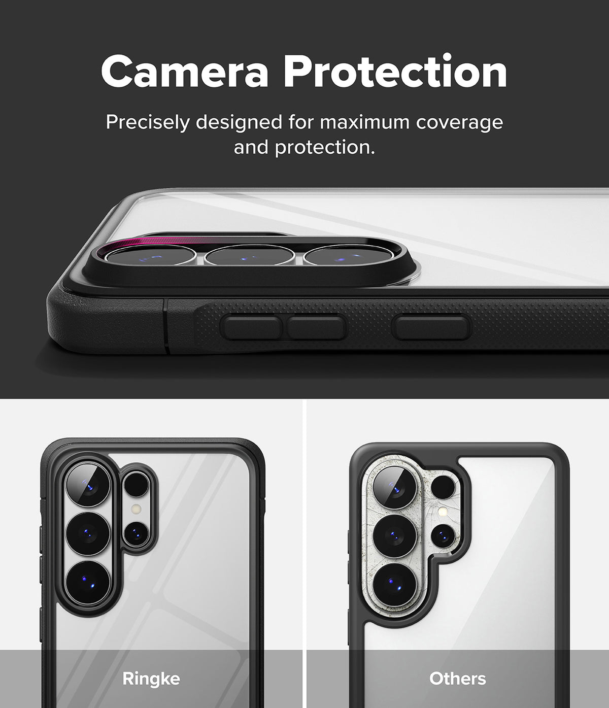 Galaxy S26 Ultra Case | Fusion Bold - Comparison showing superior camera lens coverage of Ringke case versus others.