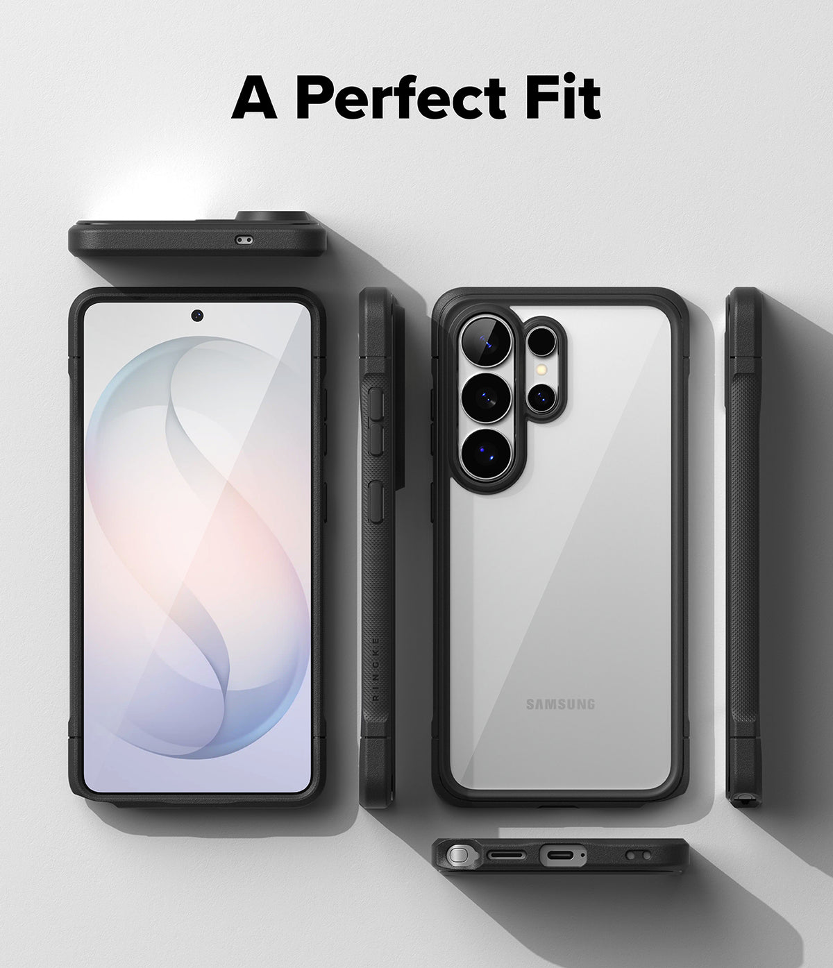 Galaxy S26 Ultra Case | Fusion Bold - Front, back, and side views of a phone in a black protective case on a white background.