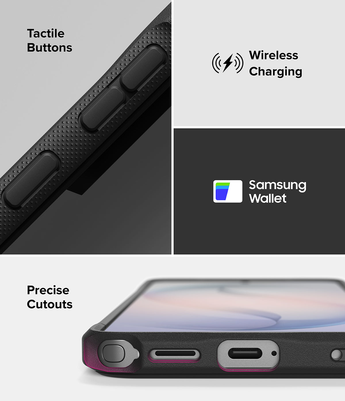 Galaxy S26 Ultra Case | Fusion Bold - Close-ups showing tactile buttons, wireless charging, Samsung Wallet, and precise port cutouts.