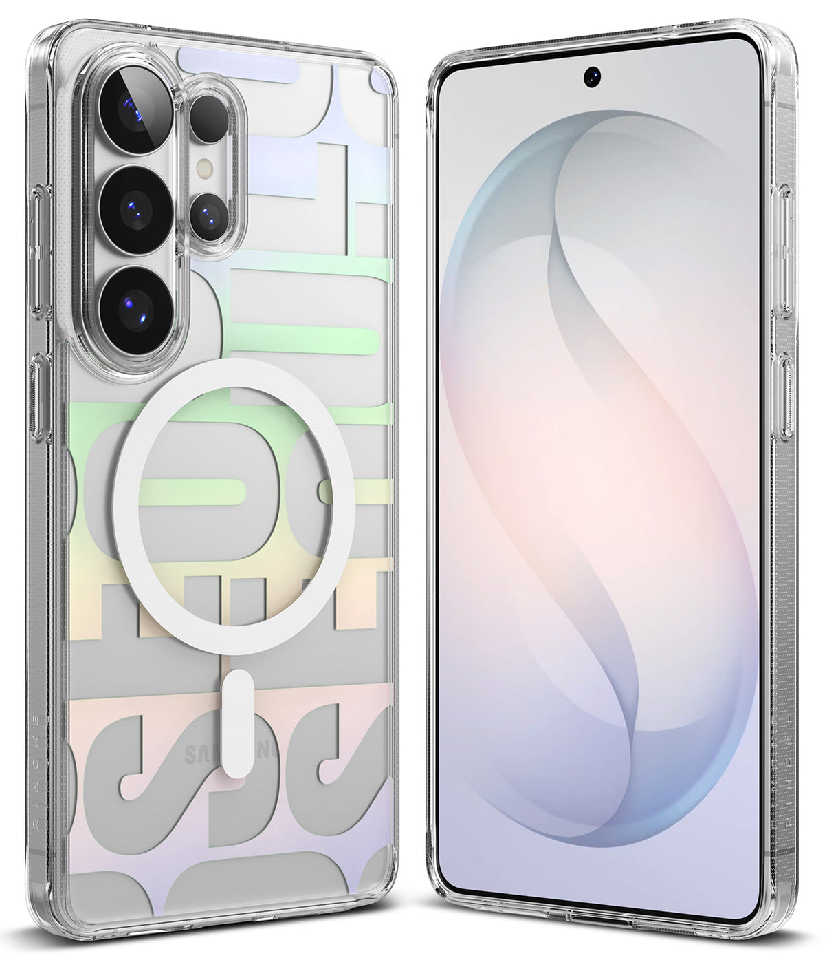 Galaxy S26 Ultra Case | Fusion Design Magnetic - Clear phone case with pastel geometric pattern and white MagSafe ring.