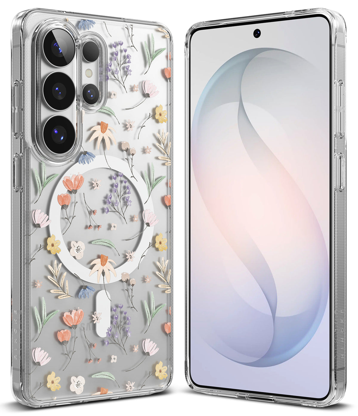 Galaxy S26 Ultra Case | Fusion Design Magnetic - Clear phone case with floral pattern and white magnetic ring.