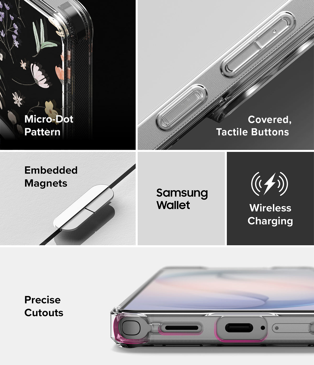 Galaxy S26 Ultra Case | Fusion Design Magnetic - Collage showing micro-dot pattern, tactile buttons, magnets, and ports.