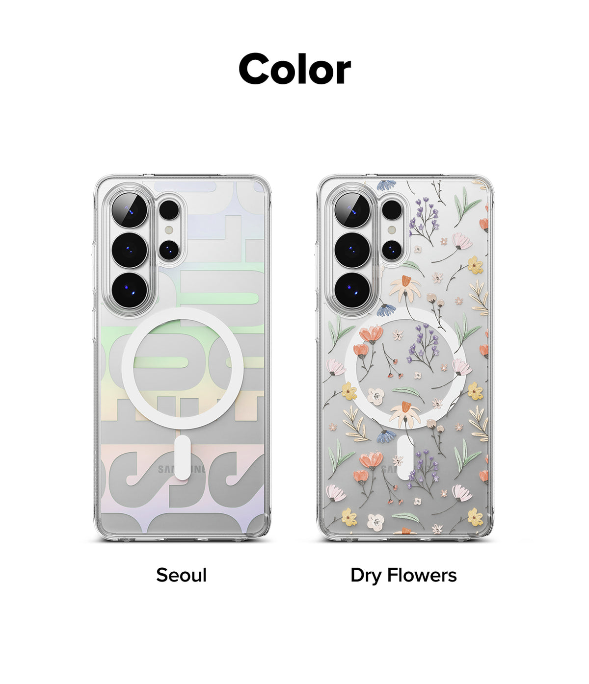 Galaxy S26 Ultra Case | Fusion Design Magnetic - Two clear magnetic phone cases featuring Seoul text and floral patterns.