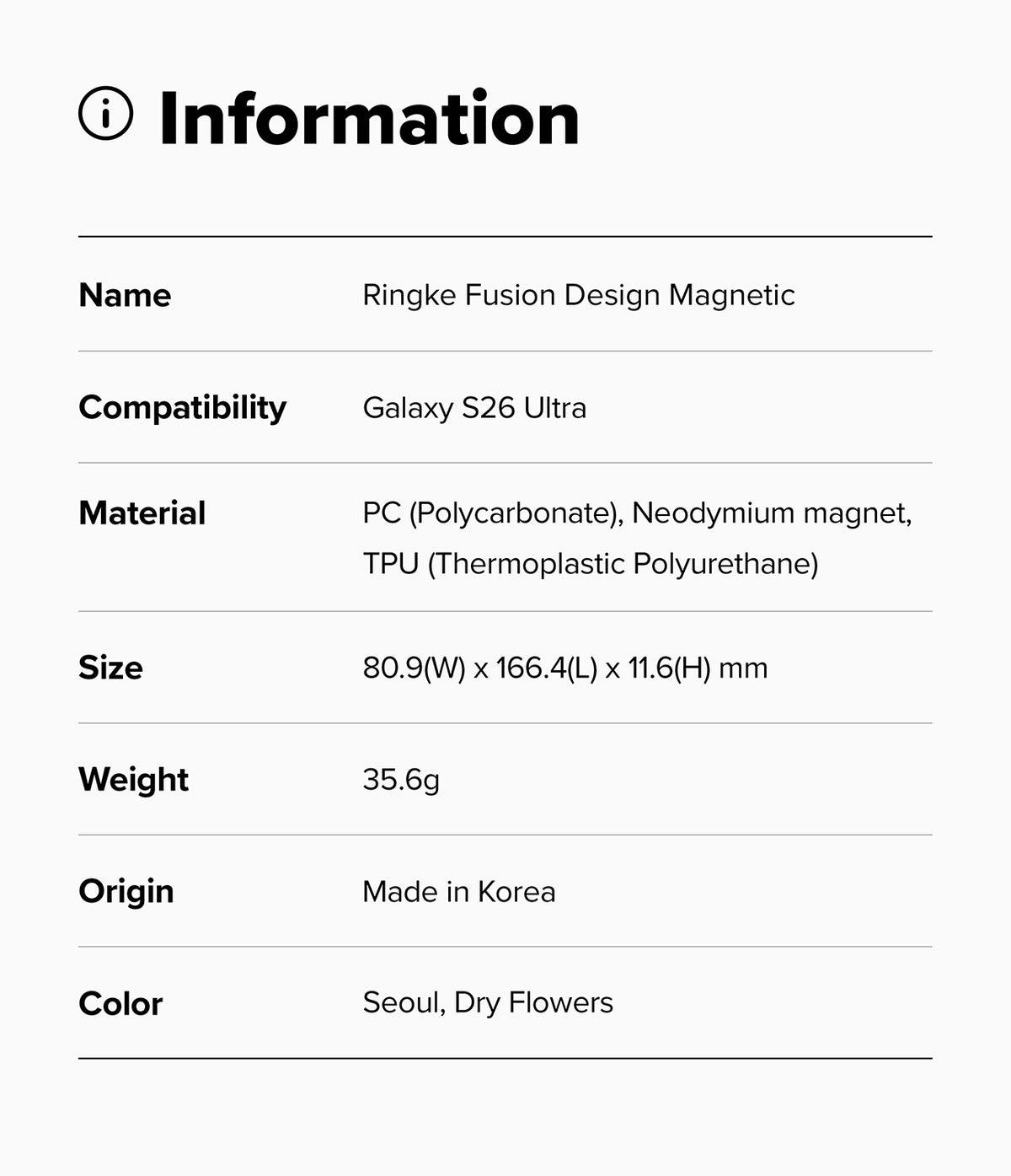 Galaxy S26 Ultra Case | Fusion Design Magnetic - Information table listing specs for the Seoul Dry Flowers phone case.