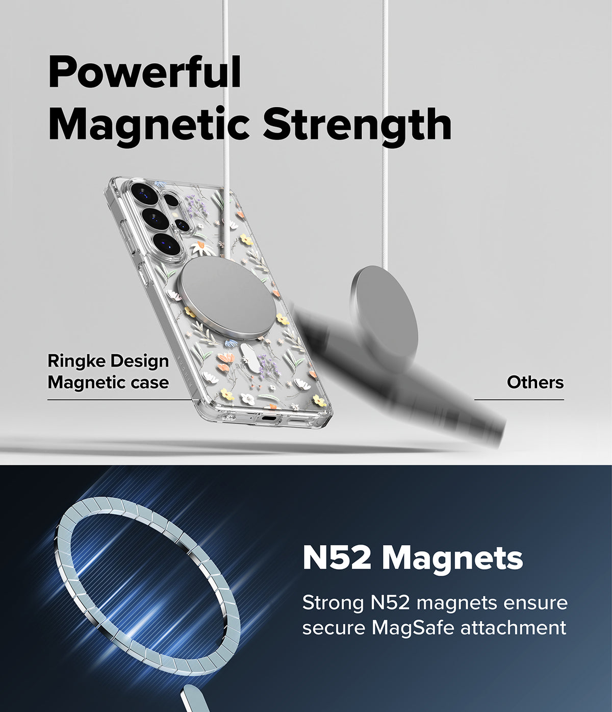 Galaxy S26 Ultra Case | Fusion Design Magnetic - Floral phone case attached to a magnetic disc, showing N52 magnet ring.