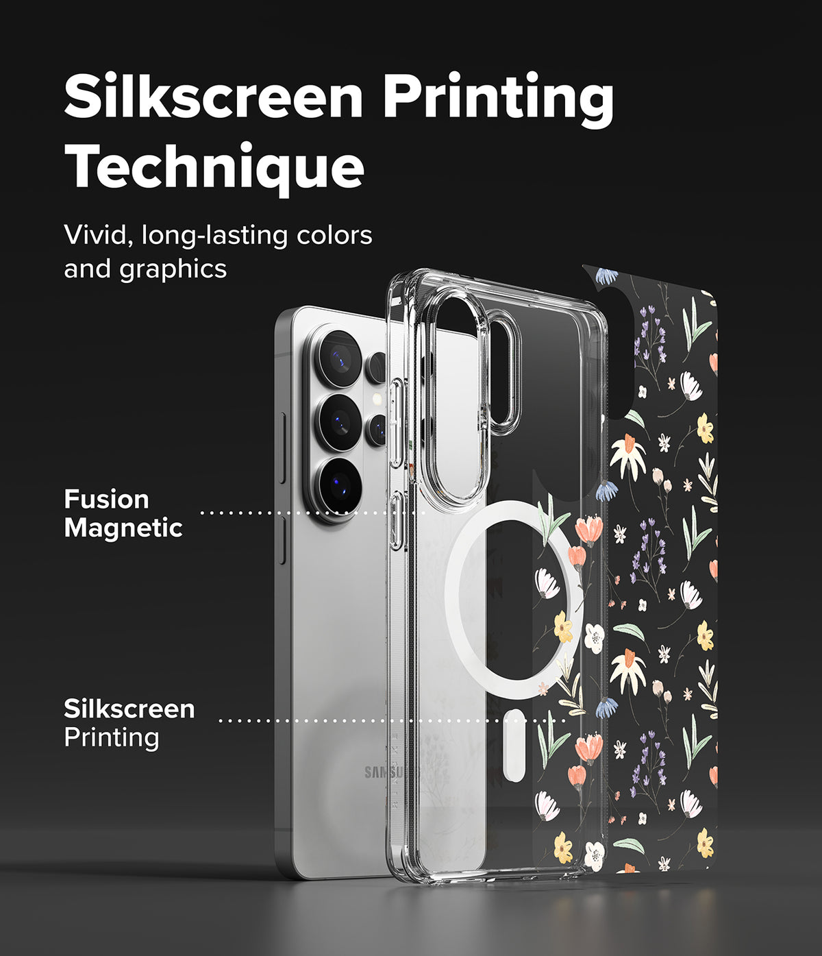 Galaxy S26 Ultra Case | Fusion Design Magnetic - Clear phone case with floral print and magnetic ring on a smartphone.