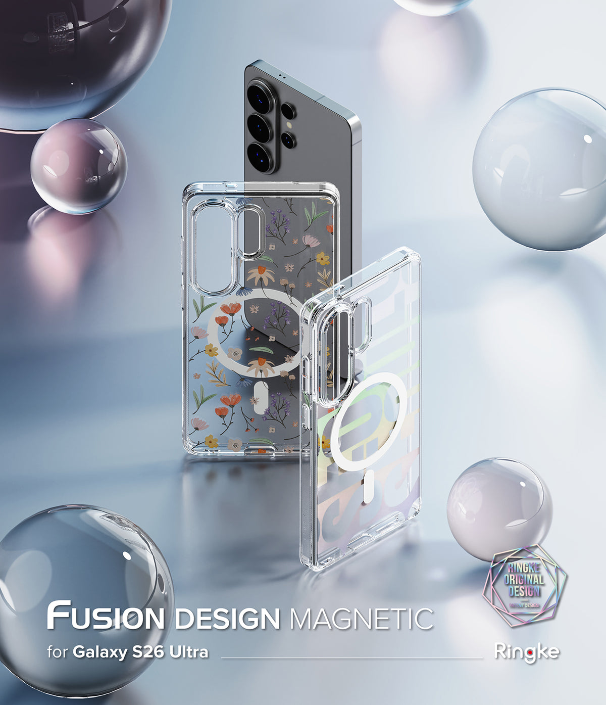 Galaxy S26 Ultra Case | Fusion Design Magnetic - Two clear magnetic phone cases with floral and abstract patterns.
