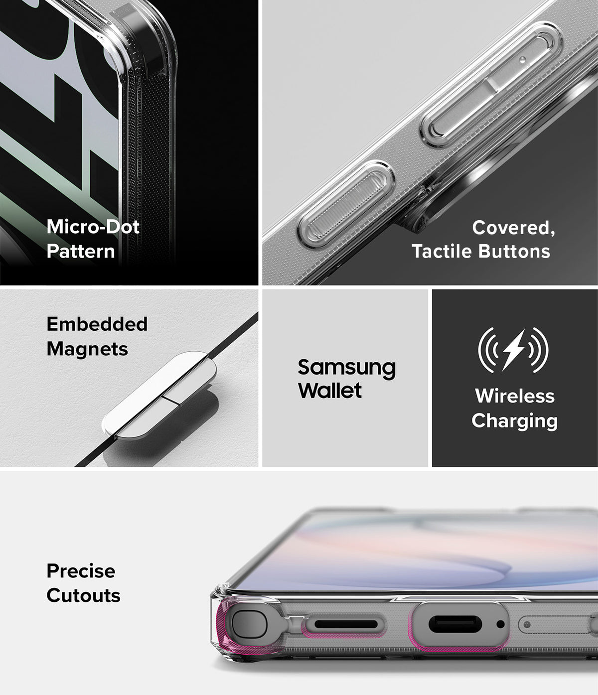 Galaxy S26 Ultra Case | Fusion Design Magnetic - Collage showing micro-dot pattern, tactile buttons, magnets, and ports.