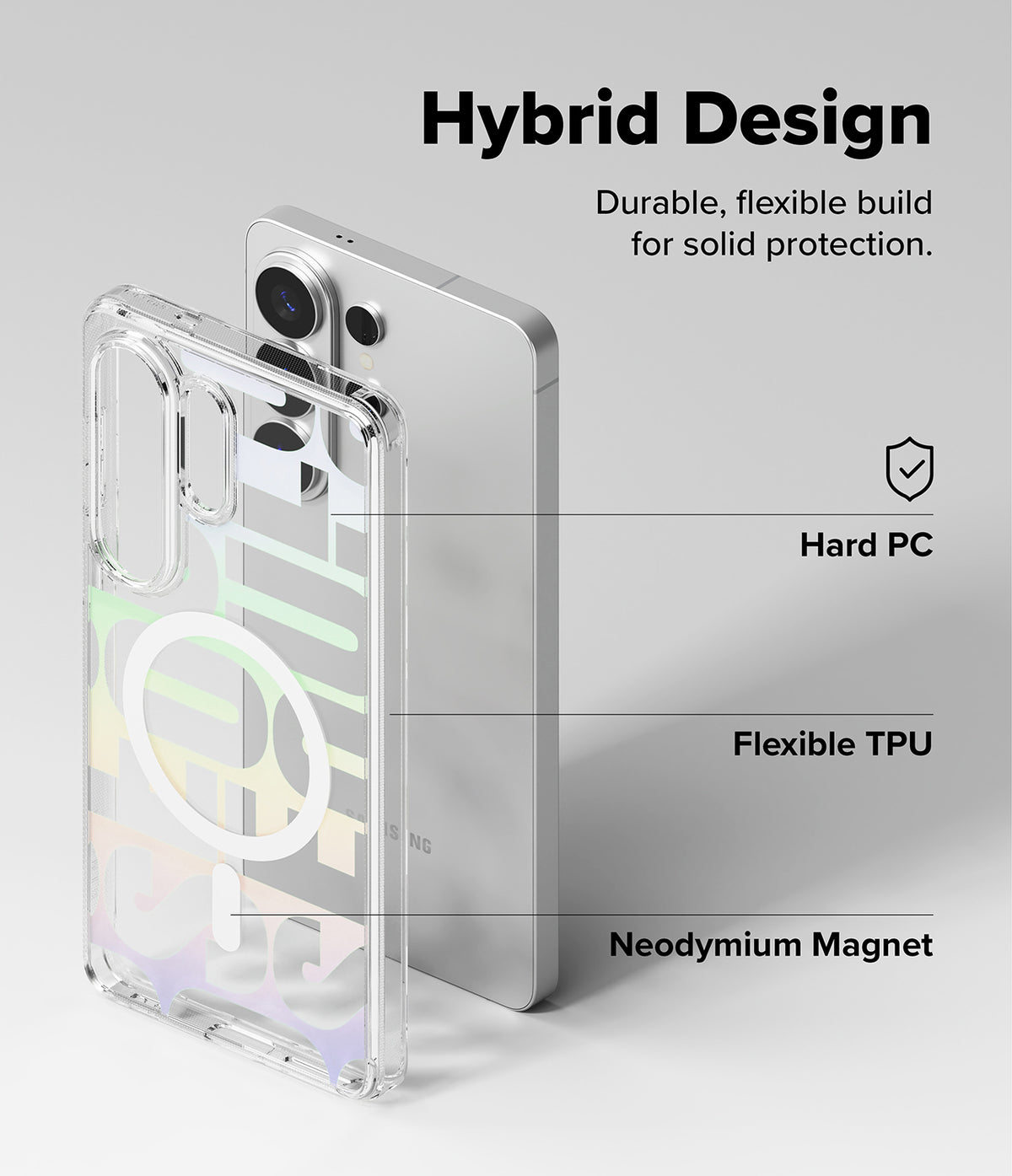 Galaxy S26 Ultra Case | Fusion Design Magnetic - Exploded view of clear phone case showing PC, TPU, and magnet layers.
