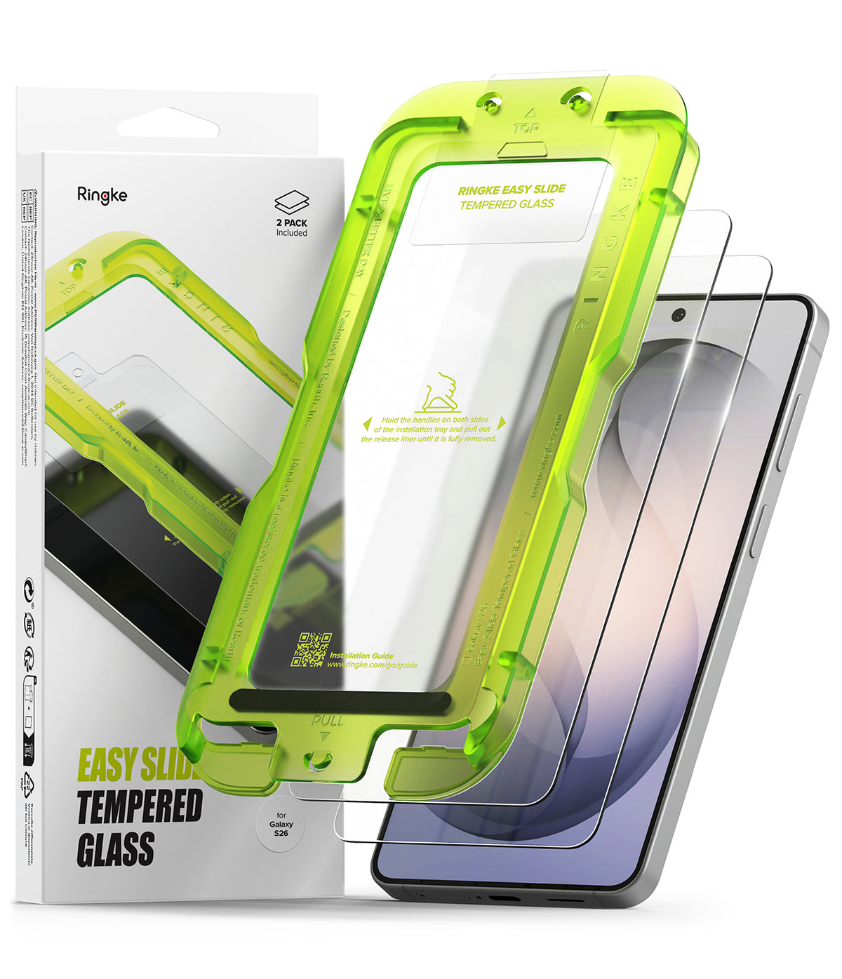 Galaxy S26 Screen Protector | Easy Slide Tempered Glass - Galaxy S26 Screen Protector - Bright green installation tray with tempered glass screen protector for Galaxy S26.