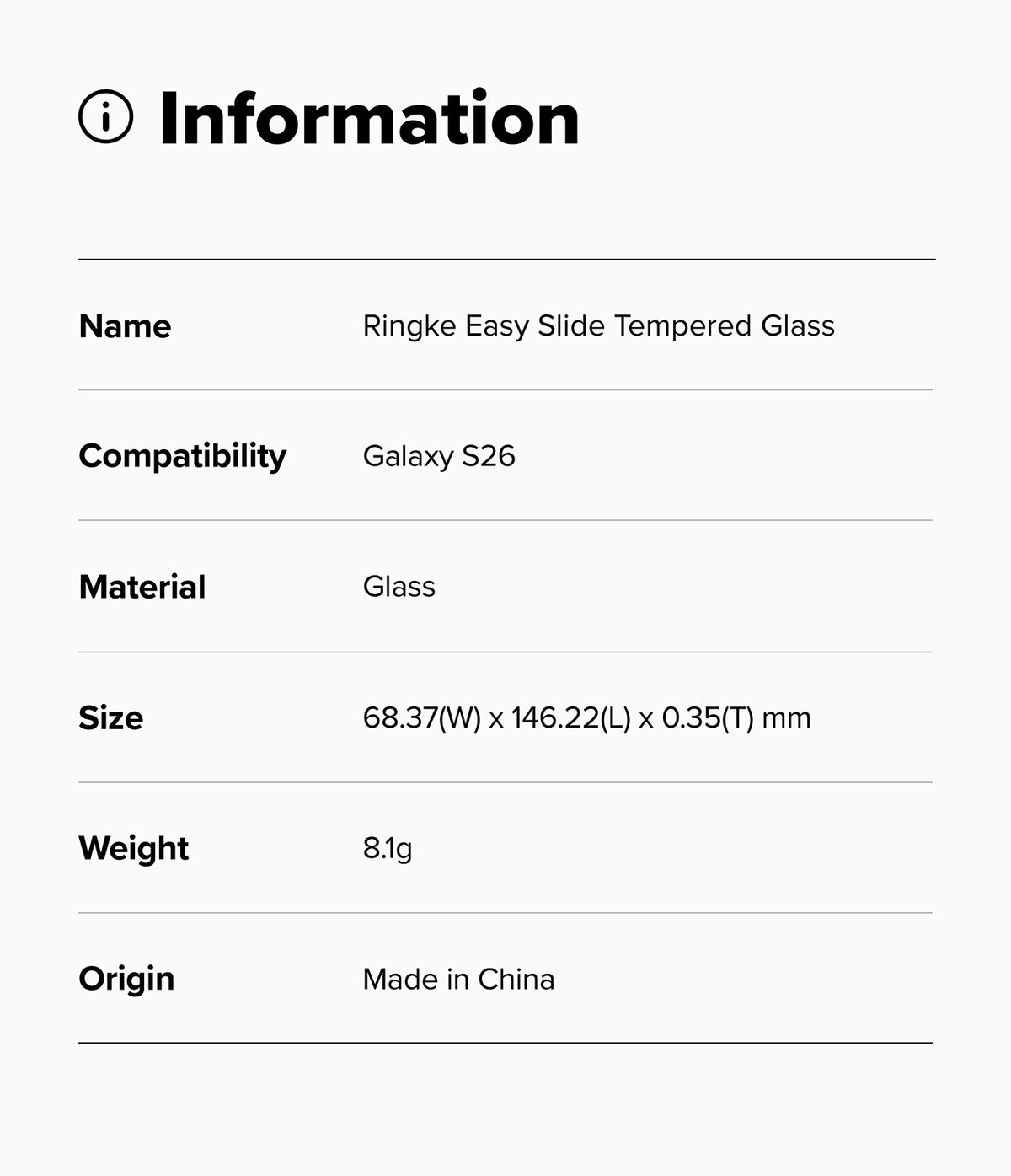 Galaxy S26 Screen Protector | Easy Slide Tempered Glass - Galaxy S26 Screen Protector - Information table listing product name, Galaxy S26 compatibility, material, size, and weight.