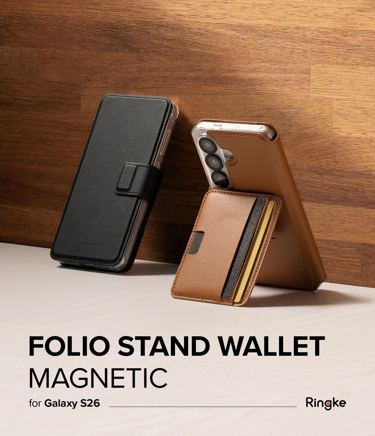 Galaxy S26 Cover | Folio Stand Wallet Magnetic - Black folio case and tan magnetic wallet stand for Galaxy S26.
