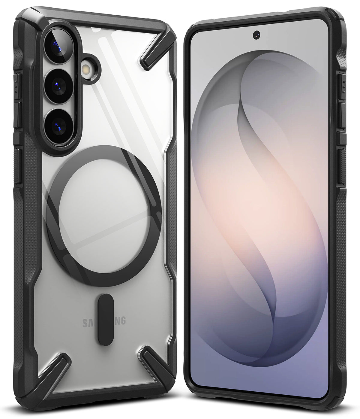 Galaxy S26 Case | Fusion-X Magnetic - Clear back case with black magnetic ring and rugged frame shown from front and back.