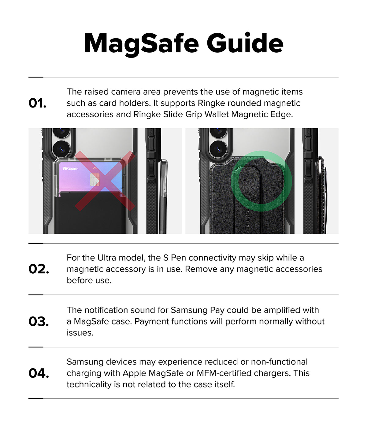 Galaxy S26 Case | Fusion-X Magnetic - Infographic showing MagSafe compatibility, accessory usage, and charging tips.