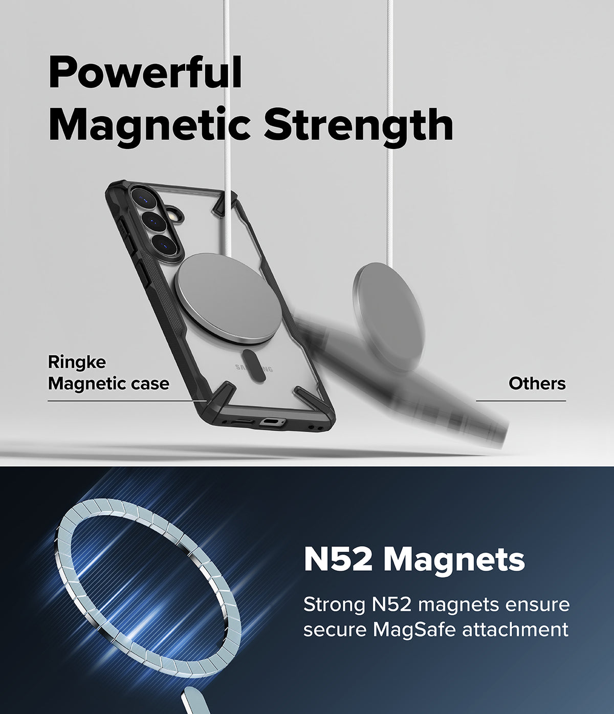 Galaxy S26 Case | Fusion-X Magnetic - A phone case holding a magnetic disc securely while another falls away, highlighting N52 magnet strength.
