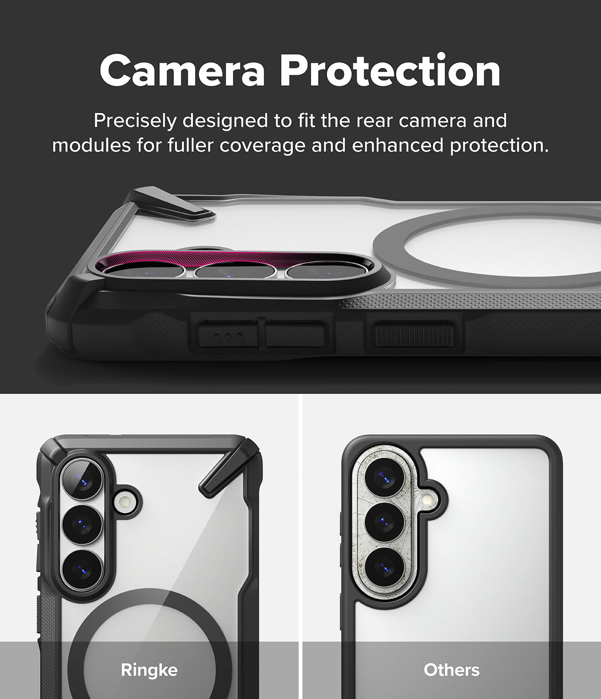 Galaxy S26 Case | Fusion-X Magnetic - Comparison showing the phone case's raised camera bezel versus a standard case.