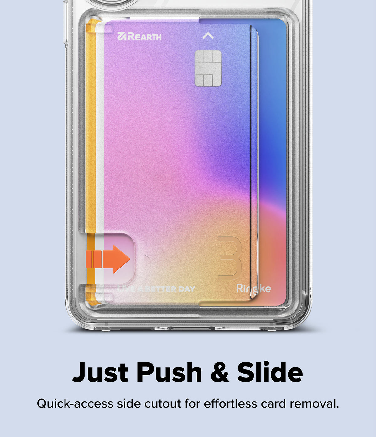 Galaxy S26 Case | Fusion Card - Clear phone case with a side cutout and orange arrow showing how to slide out a card.