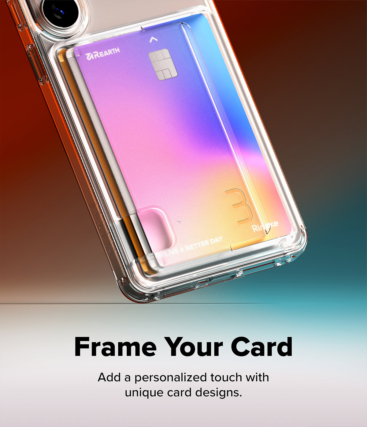 Galaxy S26 Case | Fusion Card - Clear phone case holding a vibrant, gradient-colored credit card with a cutout for easy access.