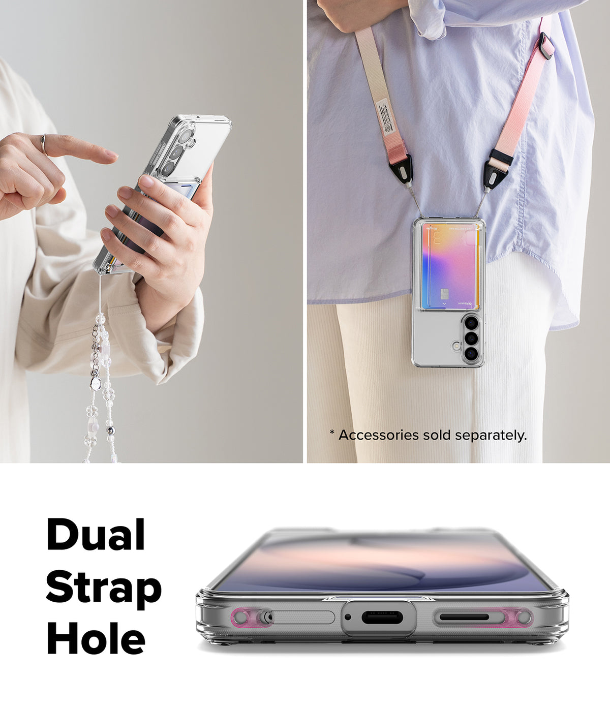 Galaxy S26 Case | Fusion Card - Clear phone case with card slot, dual strap holes, and various wearable strap options.