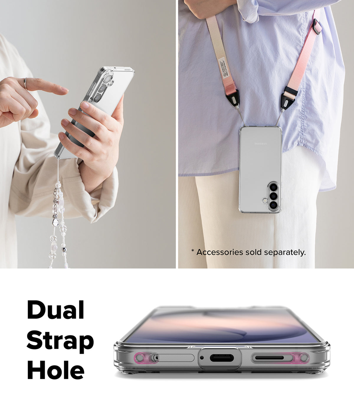Galaxy S26 Case | Fusion - Clear phone case with dual strap holes, shown being worn with various lanyards.