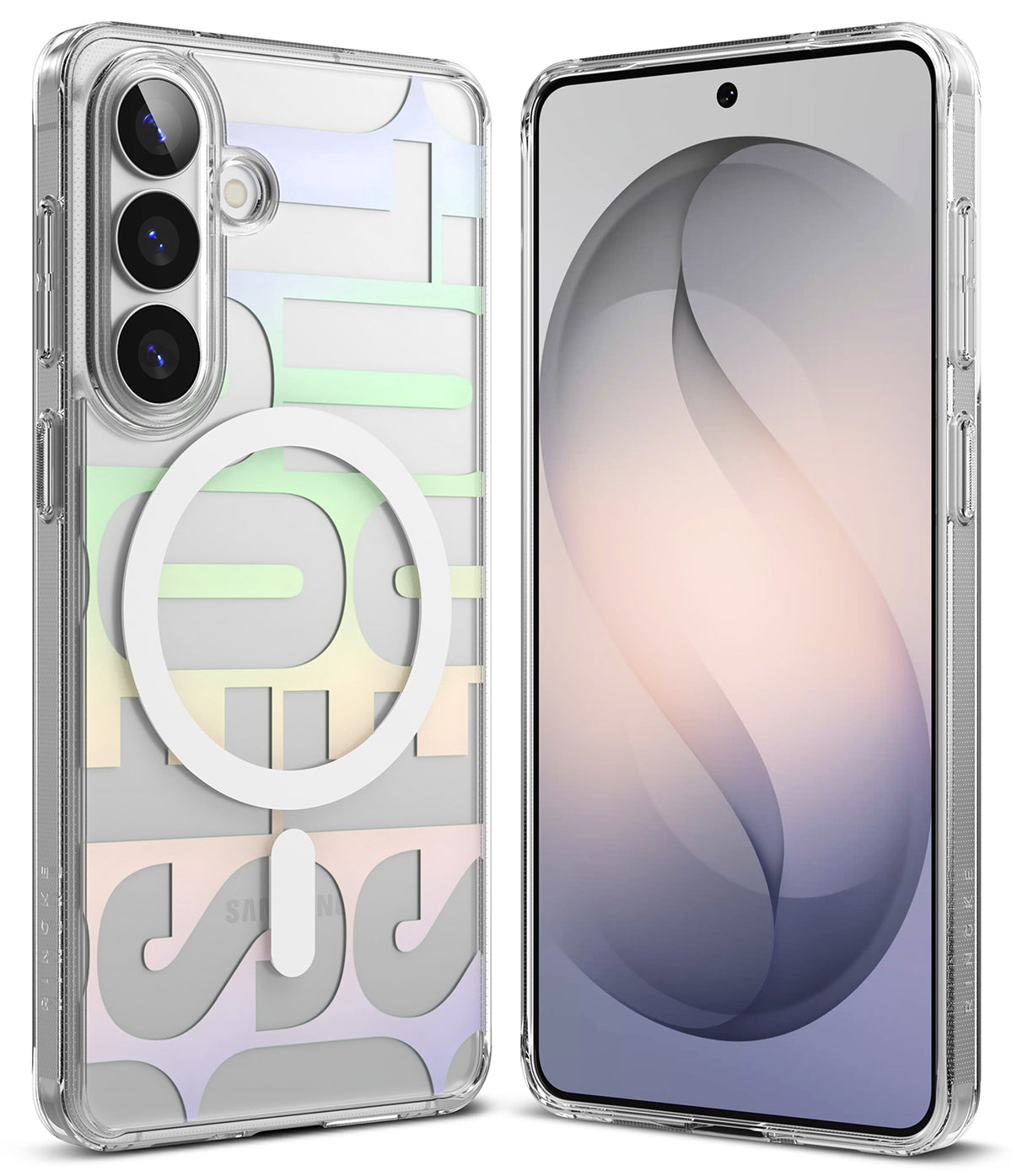 Galaxy S26 Case | Fusion Design Magnetic - Clear phone case with magnetic ring and pastel graphic on back, shown with phone.