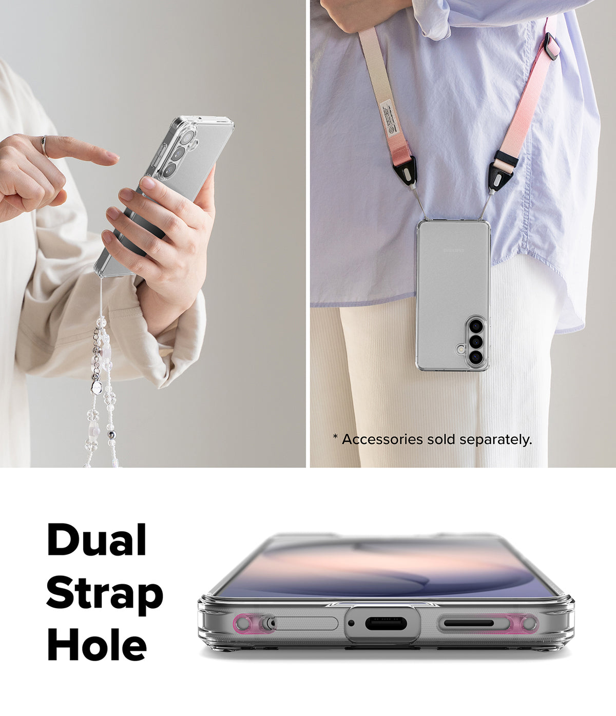 Galaxy S26 Case | Fusion Matte - Clear phone case with dual strap holes, shown worn with a lanyard and held by hand.