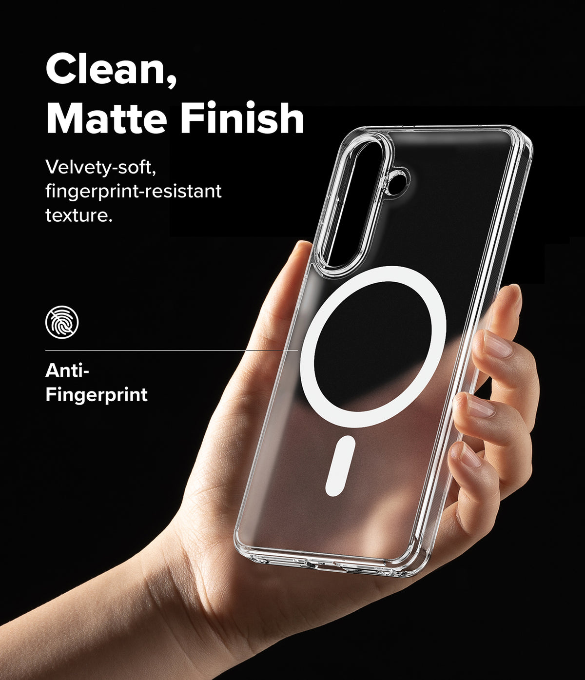 Galaxy S26 Case | Fusion Magnetic Matte - Hand holding a clear, matte-finish phone case with a white magnetic ring.