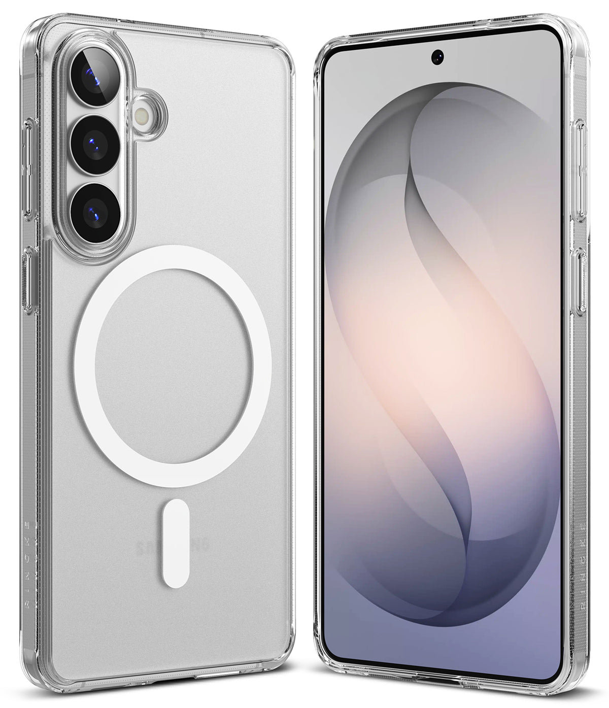 Galaxy S26 Case | Fusion Magnetic Matte - Clear matte phone case with white magnetic ring on back and front screen view.