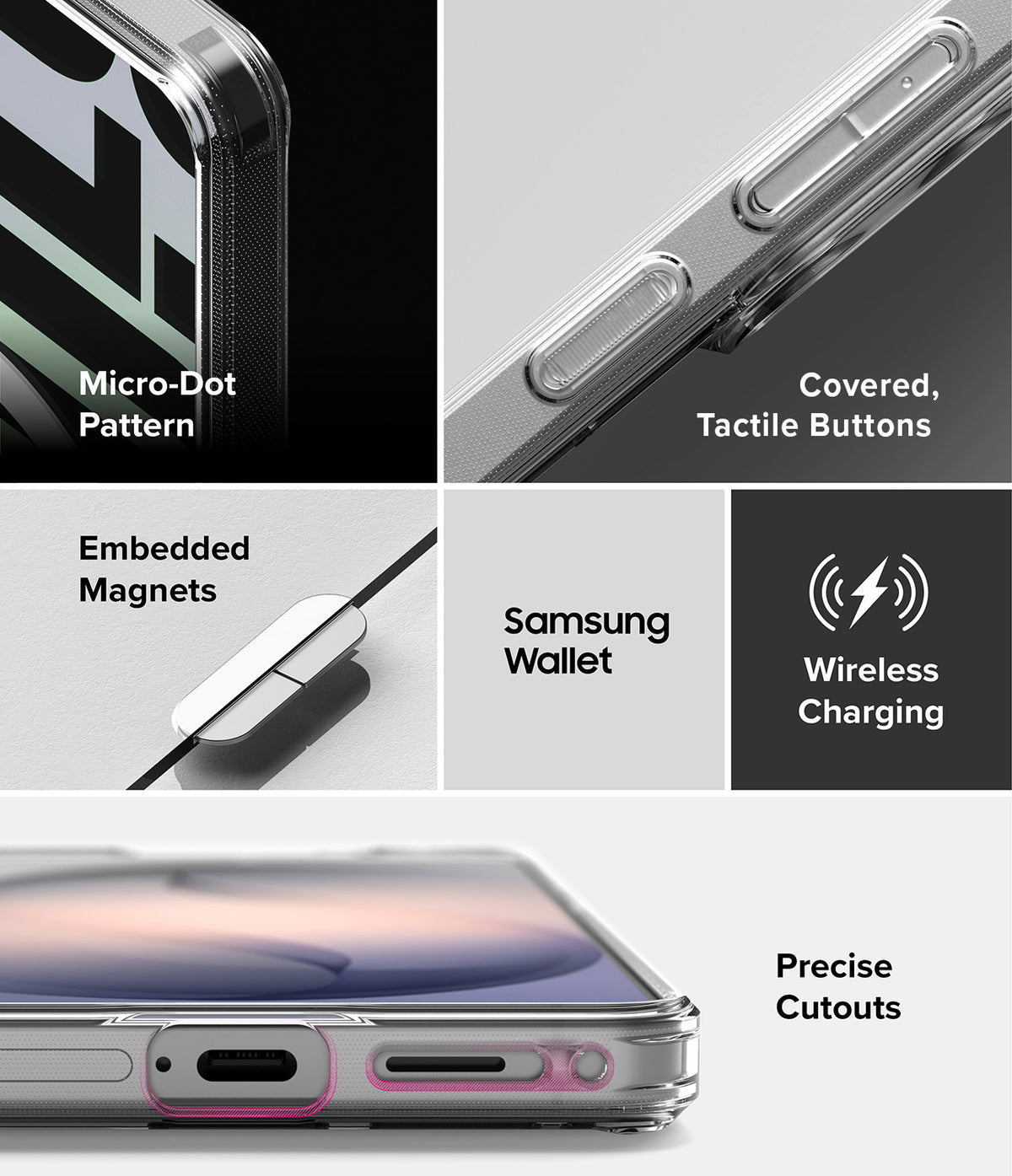 Galaxy S26 Case | Fusion Design Magnetic - Collage showing case features: micro-dots, tactile buttons, magnets, and ports.